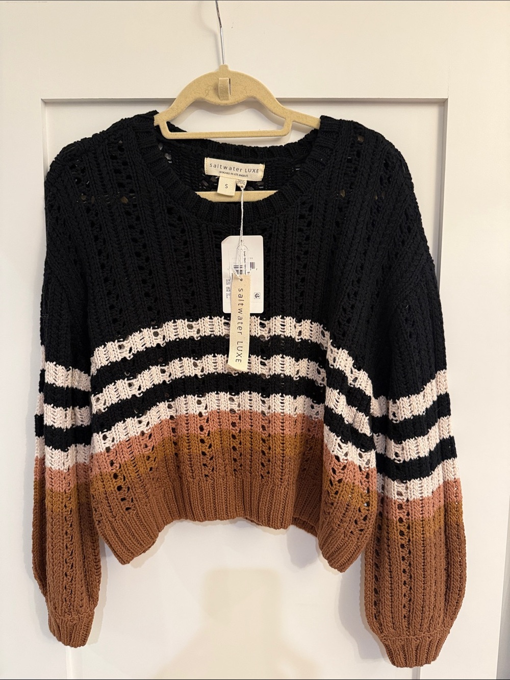 saltwater LUXE Black, Cream, Pink & Brown Striped Open-Knit Crew Sweater